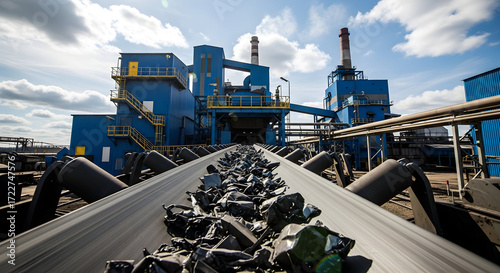 Industrial factory complex heavy machinery conveyor belt mining production processing plant blue sky