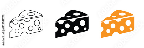 Cheese wedge icon set vector on white background. swiss, dairy, food, symbol, line, black, orange, hole, piece, graphic, clipart, design, element, symbol.