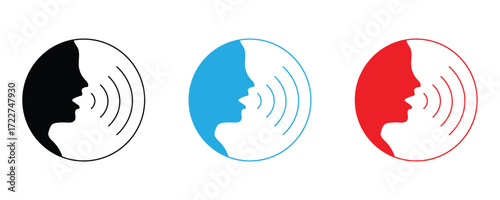 Speaking head icon set vector on white background. head, face, sound, wave, communication, voice, talk, profile, symbol, sign, logo, design, symbol.