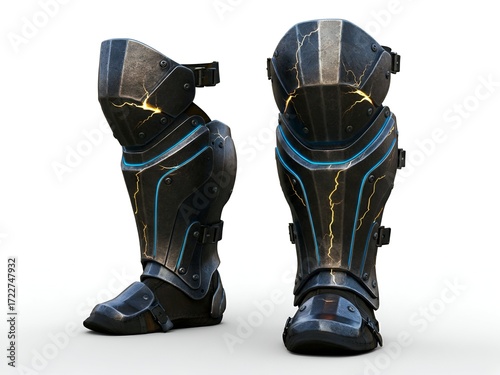 Futuristic combat armor a pair of dark glowing shin plates faintly sparking with blue energy, isolated on a clean white background