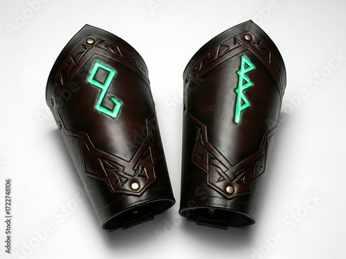 Pair of elegant leather bracers with glowing runes against a clean white backdrop, showcasing mystic craft
