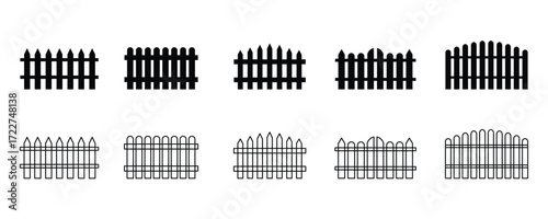 Fence icon set vector on white background. border, barrier, wood, picket, garden, yard, protection, security, property, boundary, estate, symbol.