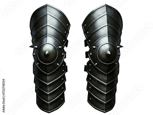 Pair of Spiked Armor Greaves on White Background Medieval Protection in Focus