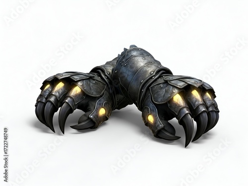 Intricate Pair of Talon Gauntlets with a Faint Glow, Isolated on a Pristine White Background