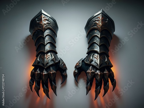Intricate Talon Gauntlets A Pair of Glowing Metallic Armor Against a Clean Background