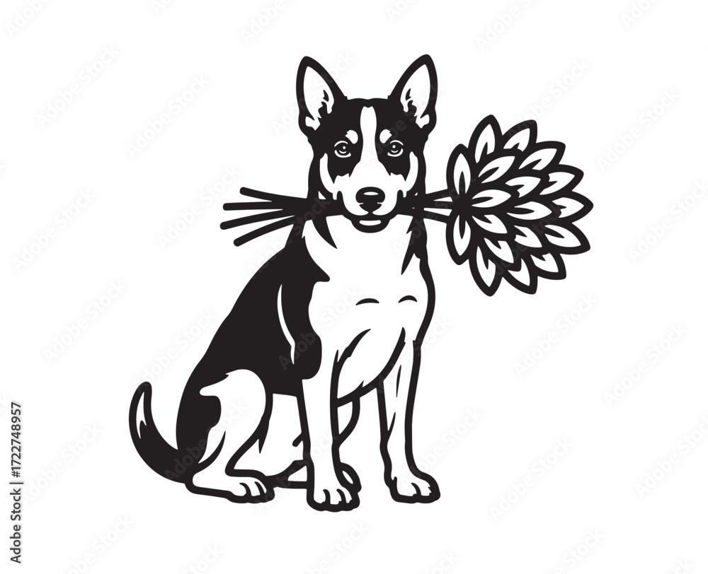 Fototapeta premium Dog with Flowers Whimsical Black and White Illustration