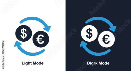 Currency exchange icon with dollar and euro symbols in light and dark modes