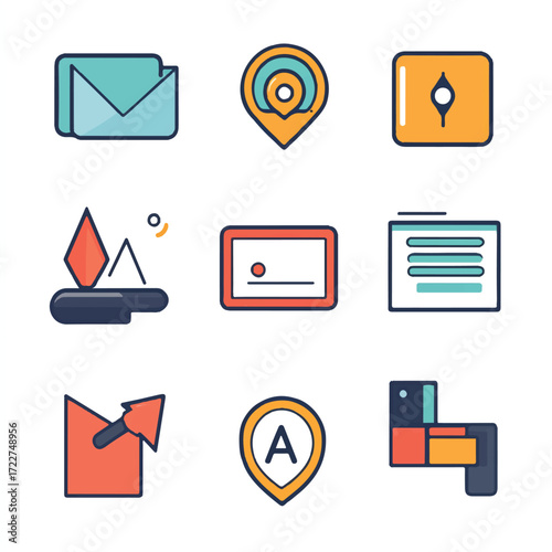  Collection of colorful map and navigation icons for digital interfaces