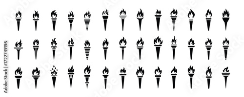 Torch icon set vector on white background. fire, flame, light, design, graphic, element, sign, logo, shape, silhouette, abstract, symbol.
