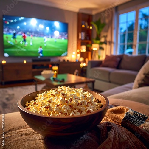 Cozy home movie night with popcorn