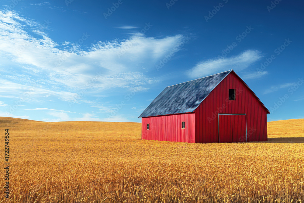 Obraz premium Red barn in wheat field.