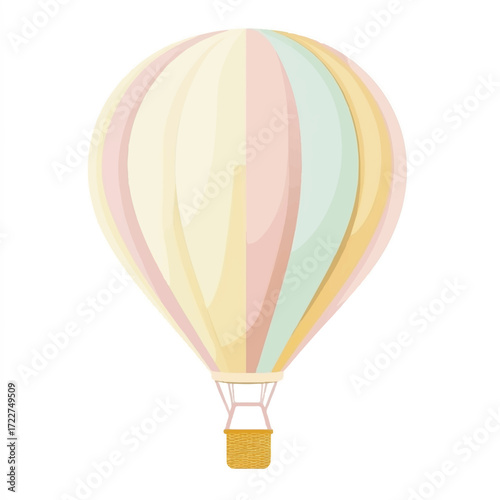 Colorful hot air balloon floating in the sky with a basket ready for travel.