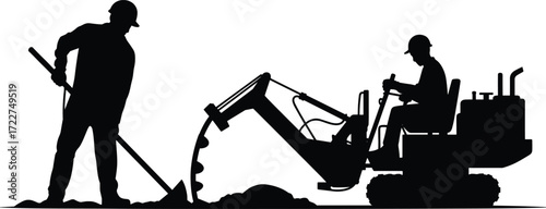 construction worker with shovel and excavator operator digging ground soil silhouette teamwork heavy machinery industrial site work labor equipment operation earthmoving collaboration