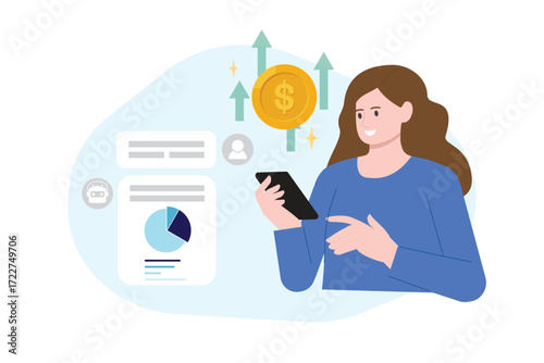 AI artificial intelligence, technology assistant, helping or support success investment, money management, saving money, financial planning, growth and high return profit flat vector illustration.