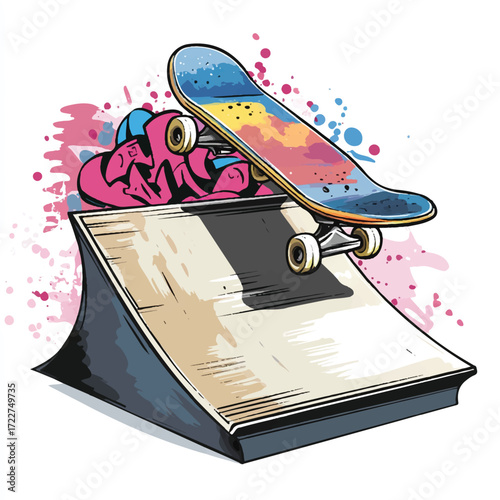 Colorful skateboard illustration resting on a wooden skate ramp.
