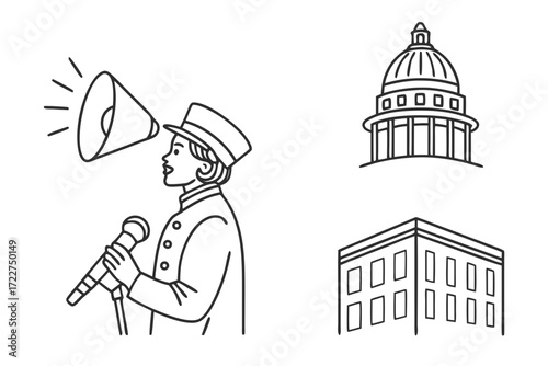 Political rally illustration: speaker, buildings, and protest | editable svg