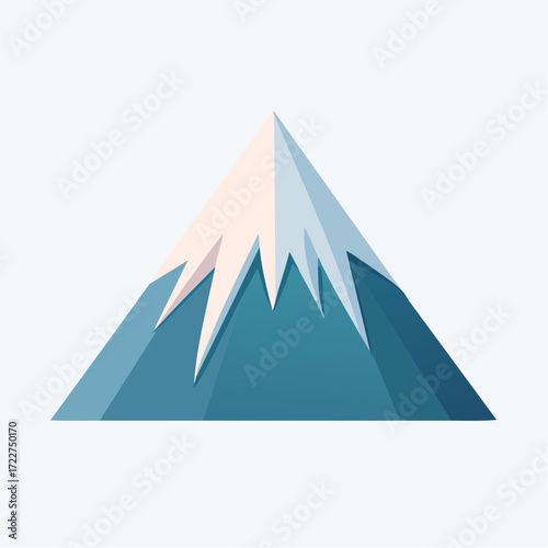 Minimalist vector illustration of a majestic snow-capped mountain. Clean geometric design with serene cool blue and white tones, capturing tranquil alpine beauty