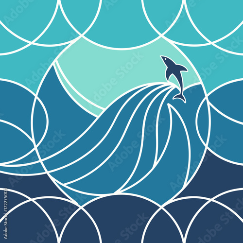 Dolphin art print: ocean wave illustration, blue nautical decor | editable svg