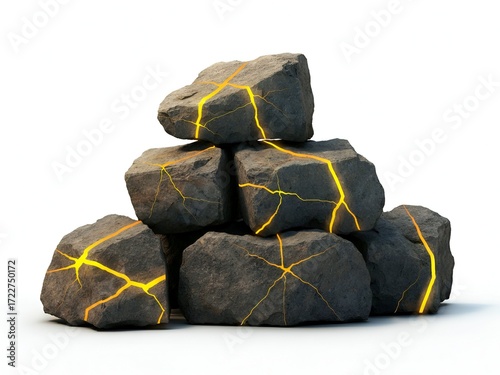Stacked dark, textured stones with brilliant glowing cracks, evoking ancient power and mystical runes, isolated on a pure white background