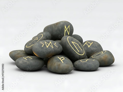 Mystical Runes A Pile of Ancient Stones with Luminous Markings on a White Backdrop