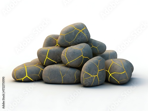 Conceptual art of gray stones repaired with glowing gold, illustrating the beauty of imperfection and resilience on a white background