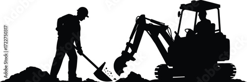 construction worker with shovel and excavator digging ground soil silhouette teamwork heavy machinery site work industrial labor equipment operator earthmoving machine collaboration