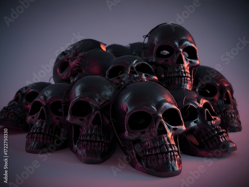 A captivating pile of dark, glossy skull masks, subtly illuminated by an ethereal glow, creates a mysterious and macabre atmosphere, symbolizing mortality and the unknown