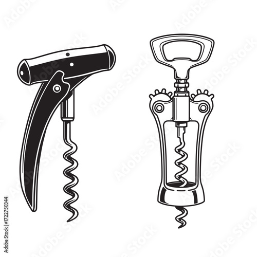Two classic black and white wine corkscrew bottle opener vector illustrations on white background
