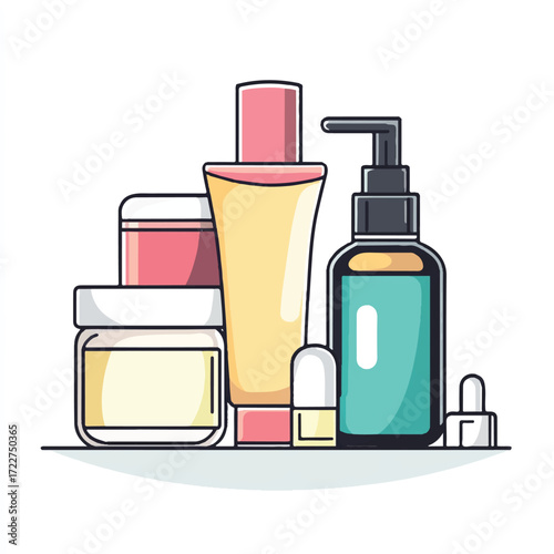 Cosmetic products collection for skincare and beauty routine on white background