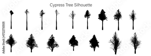 Collection of cypress tree silhouettes in varying sizes and shapes arranged in a grid pattern on white background