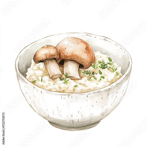 Creamy mushroom risotto in a bowl with two whole mushrooms on top.