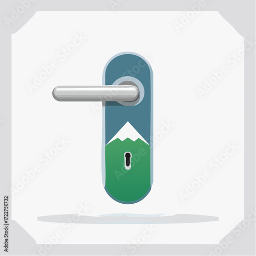 Creative illustration of a doorknob featuring a stylized mountain landscape, symbolizing new beginnings and adventure through an open door