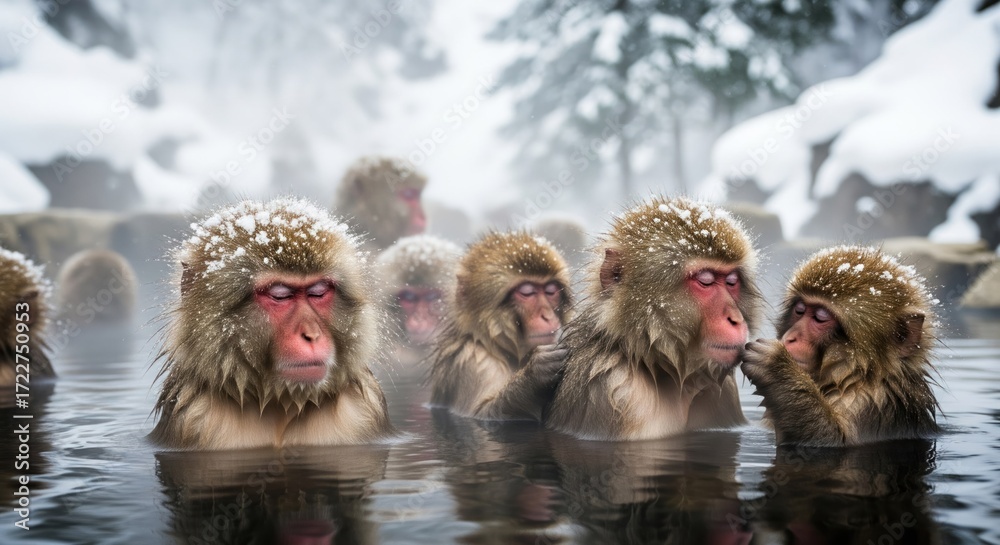 Fototapeta premium Snow monkeys relaxing in hot spring
