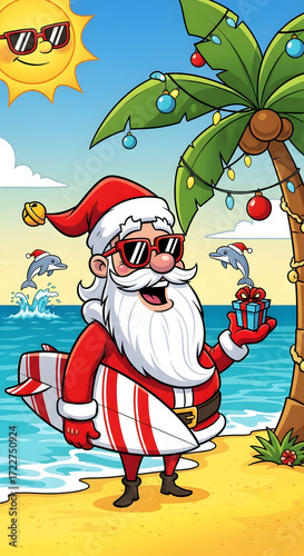Cartoon Santa Claus Surfing at Beach with Gift and Dolphins