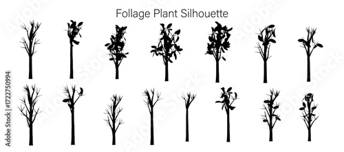 A collection of fourteen black silhouette foliage plants with varying leaf density and branch structures shown