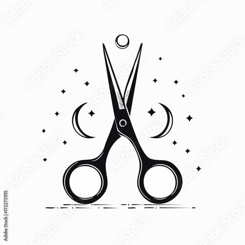 Celestial hairdresser scissors with mystical moon and star symbols, an esoteric occult barbershop icon for beauty or magic concepts, isolated vectors