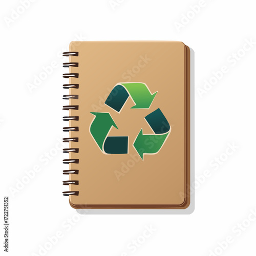 Eco-friendly brown kraft paper spiral notebook featuring a prominent green recycling symbol, emphasizing sustainable stationery and environmental consciousness for everyday use and mindful note-taking