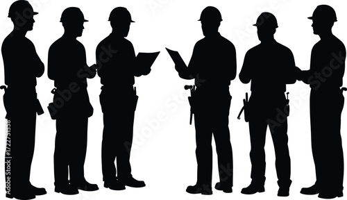 construction workers engineers team meeting site briefing safety discussion blueprint planning silhouette teamwork coordination industrial project management collaboration inspection supervision