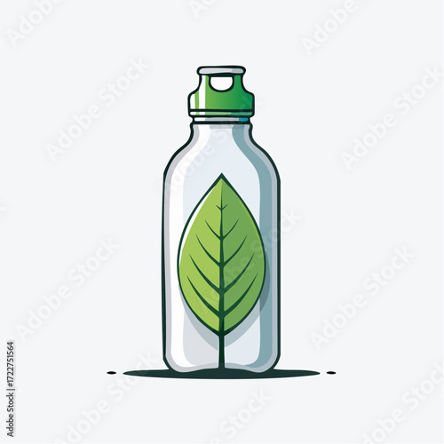 Sleek illustration of a reusable water bottle with a vibrant green leaf, symbolizing sustainable living, eco-conscious choices, and a commitment to environmental preservation