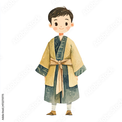 Cute boy in traditional Chinese attire watercolor illustration smiling face focused on character design.