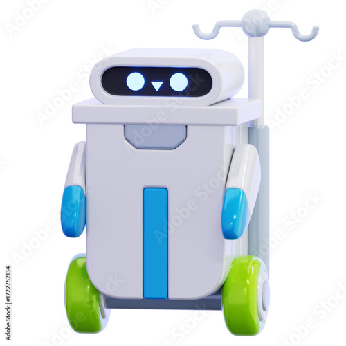 A friendly 3D render of a futuristic medical assistant robot on wheels, designed for modern healthcare services and patient care, symbolizing innovation and technological advancement in medicine