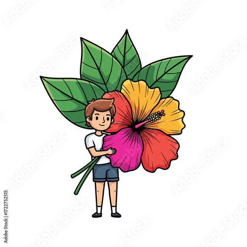 a boy and his giant hibiscus a summers day dream, isolated on transparent background