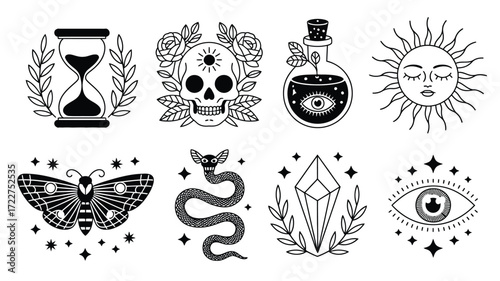 Occult and Boho Design Elements,  Black and White Vector Symbols of Witchcraft, Alchemy, and Mystical Illustrations – Ideal for Spiritual Projects, Magic Prints, Tattoos, Posters, and Graphic Art