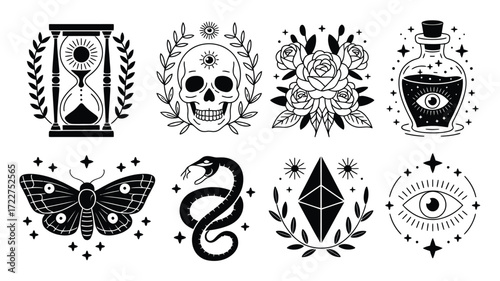 Boho Vector Collection,  Witchcraft, Alchemy, and Esoteric Symbols in Monochrome,  Perfect for Occult-Inspired Tattoos, Spiritual Artwork, Magic Prints, Posters, and Creative Design Projects
