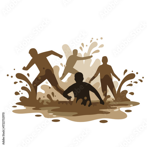 Silhouetted people wading through mud, their movement creates splashing water suitable for illustrating teamwork, struggle, perseverance, challenges, and overcoming obstacles.