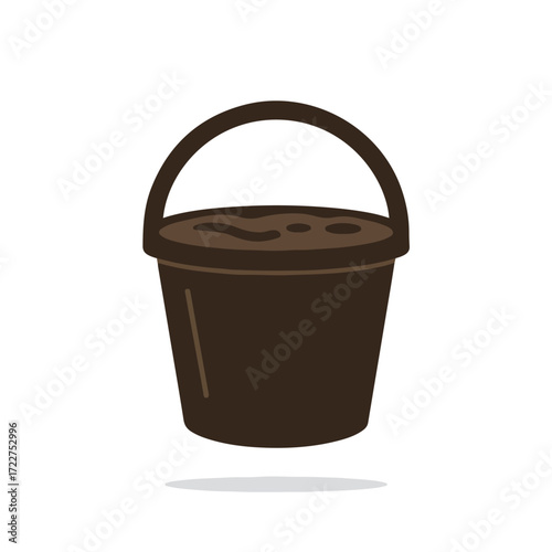 Brown bucket with mysterious dark substance. Suitable for mystery or rustic themed designs, halloween decorations, or household cleaning product concepts.