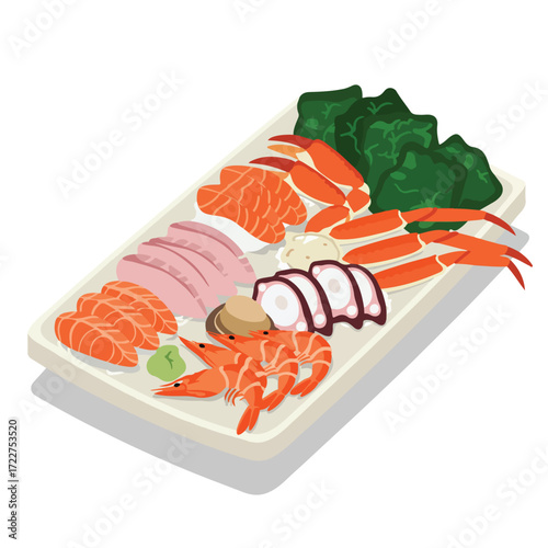 Platter showcasing assorted sashimi and seaweed perfect for japanese restaurant menus or seafoodrelated designs, culinary blogs or social media posts.