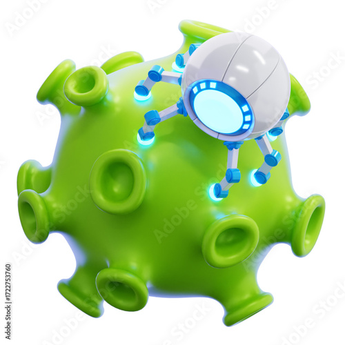 Conceptual 3D illustration of a futuristic medical nanorobot attacking a virus, representing breakthroughs in nanotechnology, virology, and medical science