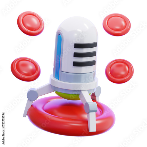 Stylized 3D microphone on a vibrant red cell structure, representing innovative audio recording and communication technology with a distinctive biological design