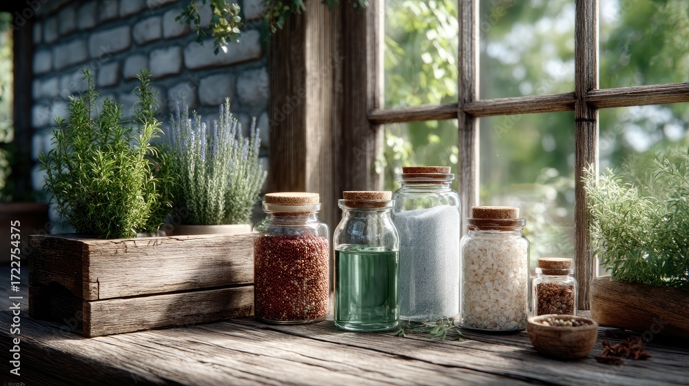 Fototapeta premium Aromatic Spices in Glass Jars on Wooden Window Sill with Natural Light